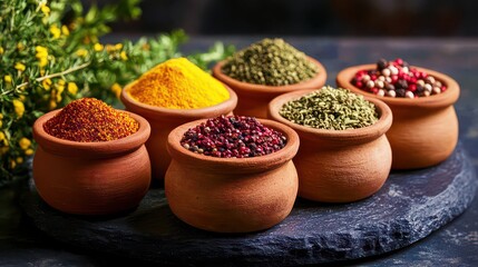 Spices in wooden bowls, pepper mixture isolated on dark background.