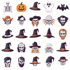 Halloween spooky icons collection with pumpkin jack o lantern ghost witch hat skeleton coffin tombstone bat owl skull spider web illustration set, Halloween spooky icons collection 
