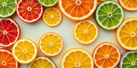 Fototapeta premium Vibrant citrus slices arranged in a colorful geometric pattern, top view, composition