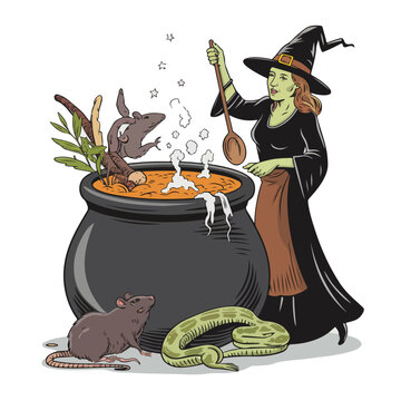 witch stirring cauldron, green skin, black dress clip art preview