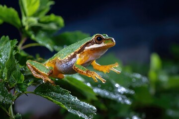 A colored tree frog leaping from one leaf to another at night