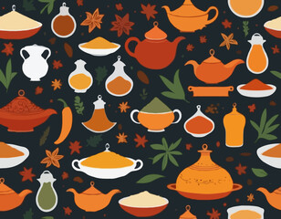 Vector Icons of Traditional Moroccan Cooking Ingredients – Spices, Tagine, Couscous