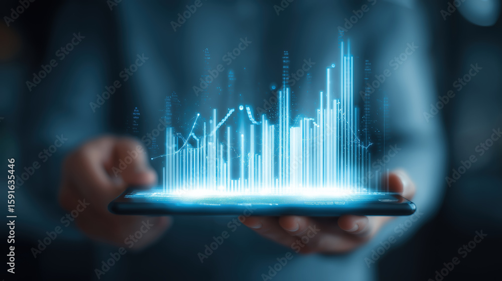 Poster digital analytics visualization displayed on smartphone, with glowing data graphs and charts, repres