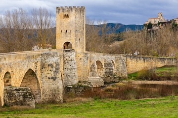 Obraz premium Frías medieval bridge over the Ebro River. Frías, province of Burgos, Spain.