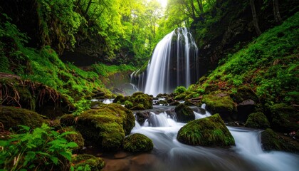 Lush waterfall cascading through mossy forest (1)
