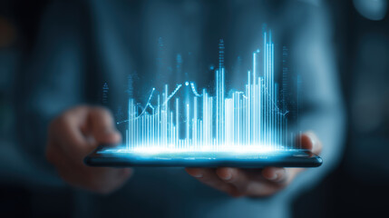 Digital analytics visualization displayed on smartphone, with glowing data graphs and charts, representing modern technology and data analysis in a professional environment
