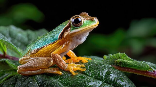 A colored tree frog leaping from one leaf to another at night