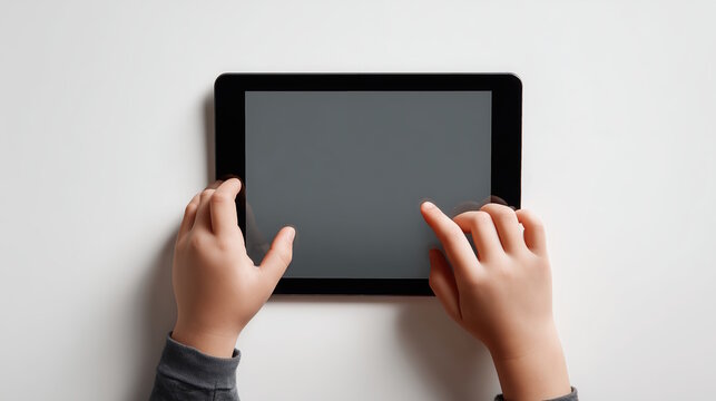 Hands of a child interacting with a tablet device on a clean white surface, showcasing modern technology and digital engagement in a playful learning environment - Powered by Adobe