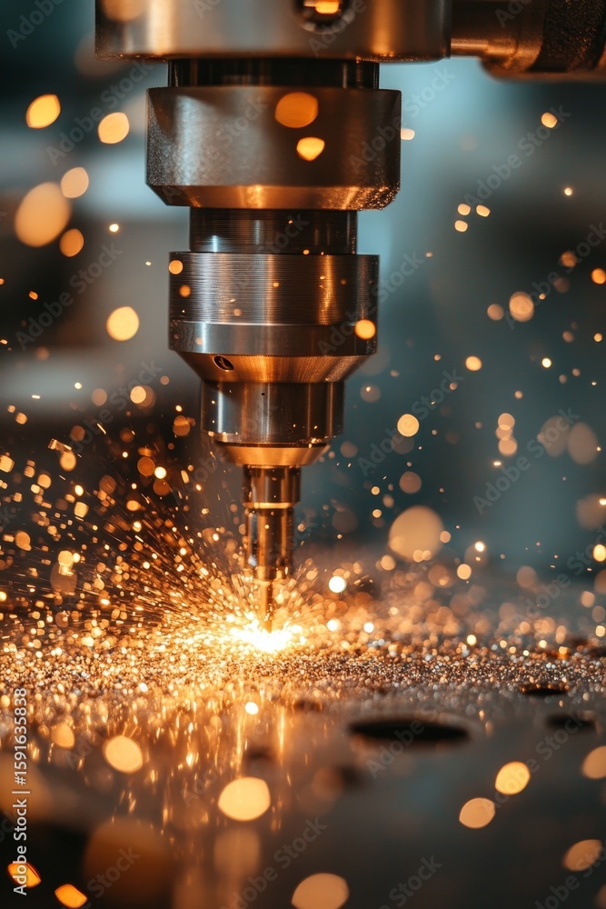 Poster automated metalworking industry with cnc milling and bright sparks in workshop background scene