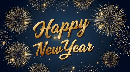Happy New Year Fireworks Graphic with Golden Script and Blue Background