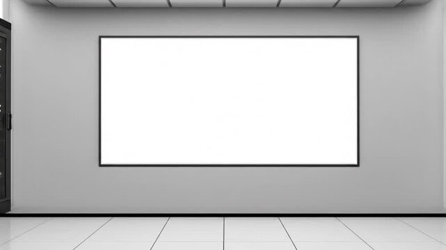 A modern, symmetrical data center hallway with server racks lining the walls. A blank, black-framed screen hangs on the end wall. Bright lighting illuminates the pristine floor