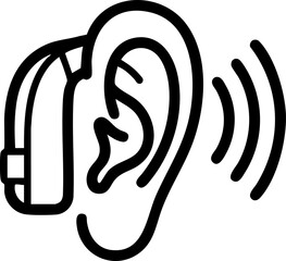 Minimalist icon of a sound amplifier device on a human ear. Vector graphic representing hearing aid technology, audiology, and listening assistance.