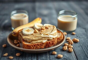 Whole wheat toast with creamy peanut butter, banana, smoothie, peanuts,  healthy,   healthy lifestyle