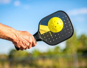 Senior hand holding pickleball paddle and ball outdoors