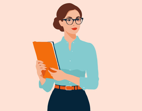 Business woman in glasses holding a folder in her hands. Vector illustration. Happy Women's Day greeting card.
