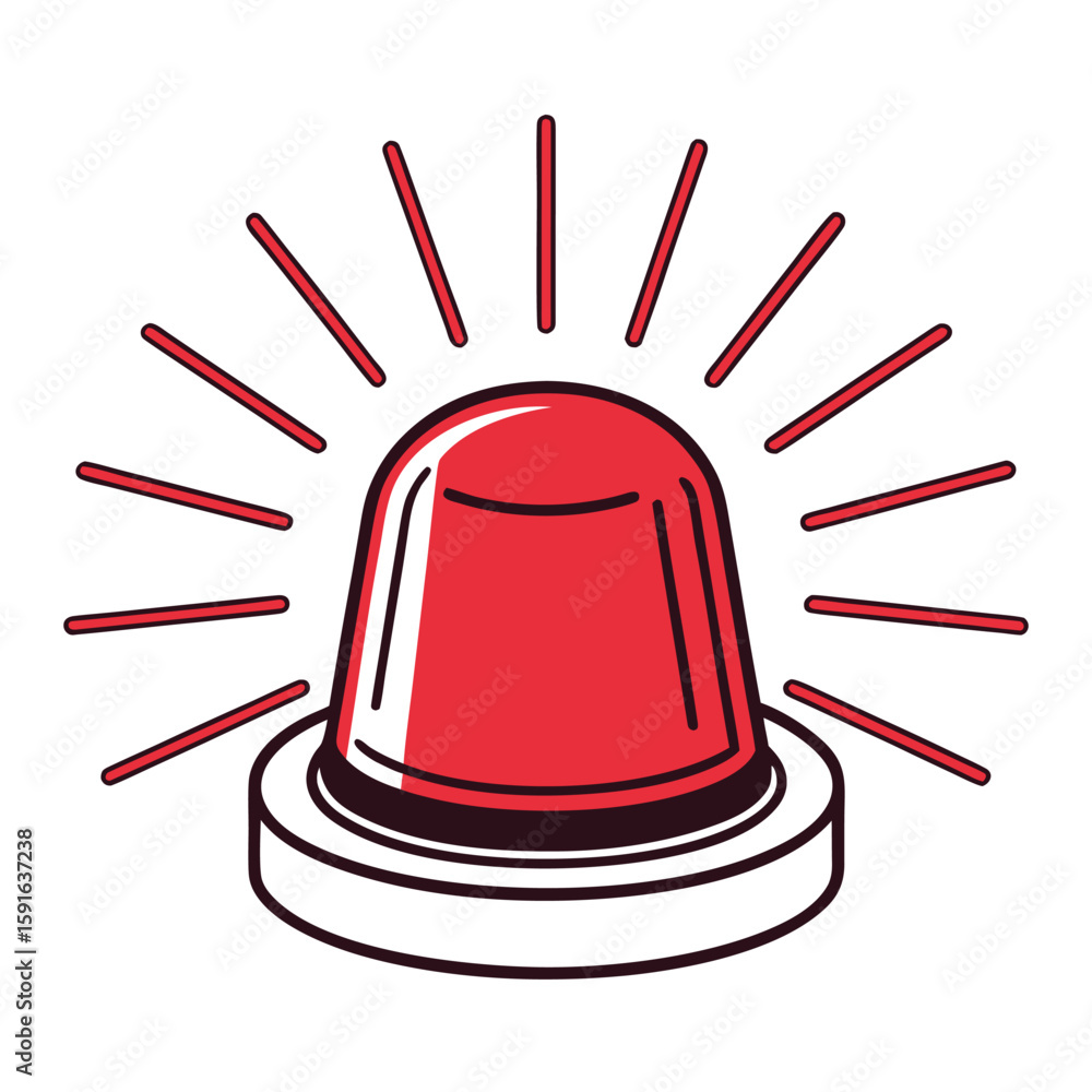 Poster red flashing warning light with radiating lines on white background alarm alert