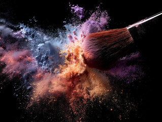 Makeup brush explodes powder in vibrant colors against black backdrop. Captures beauty, cosmetics concept. Suitable for marketing, ads, web use, beauty blogs.