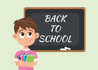Vector illustration for educational platform, school, advertising. Back to School flat vector design. Smiling boy holding books and ready to learn. A blackboard with the inscription "Back to school"
