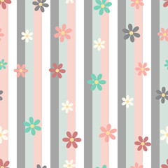 Seamless Retro stripe pattern with flowers, soft pastel floral background