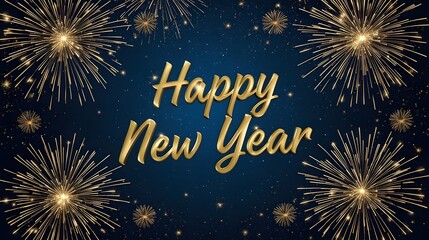 Happy New Year Fireworks Graphic with Golden Script and Blue Background