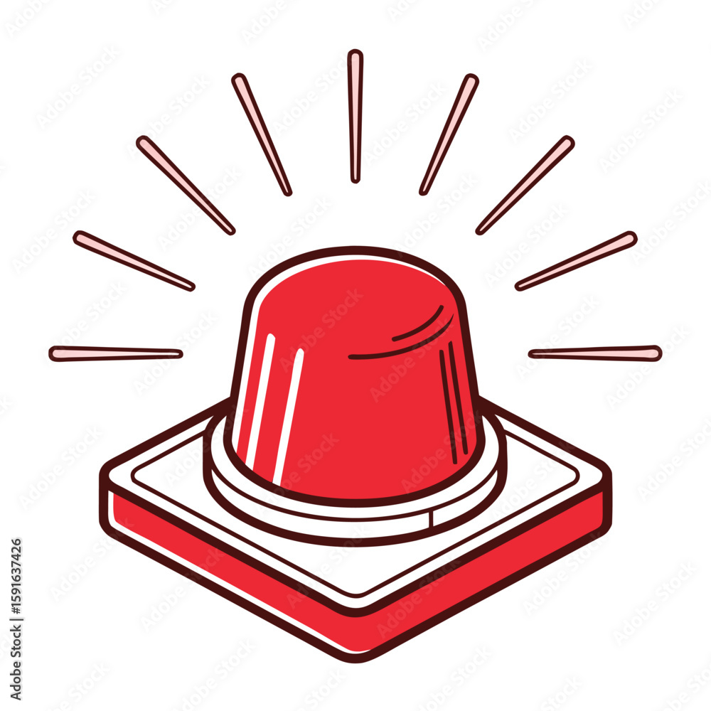 Poster red flashing warning light with radiating lines on white background alert signal