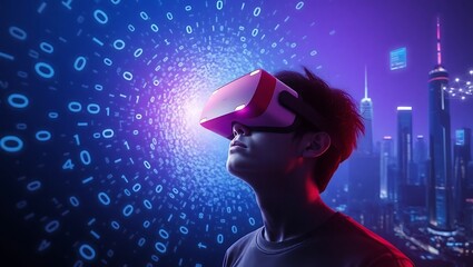 Man wearing vr headset immersed in a digital world with binary code and futuristic cityscape view
