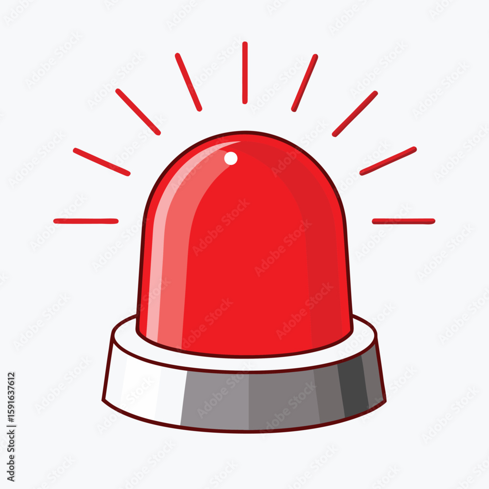 Poster red flashing warning light with red rays on white background alarm alert