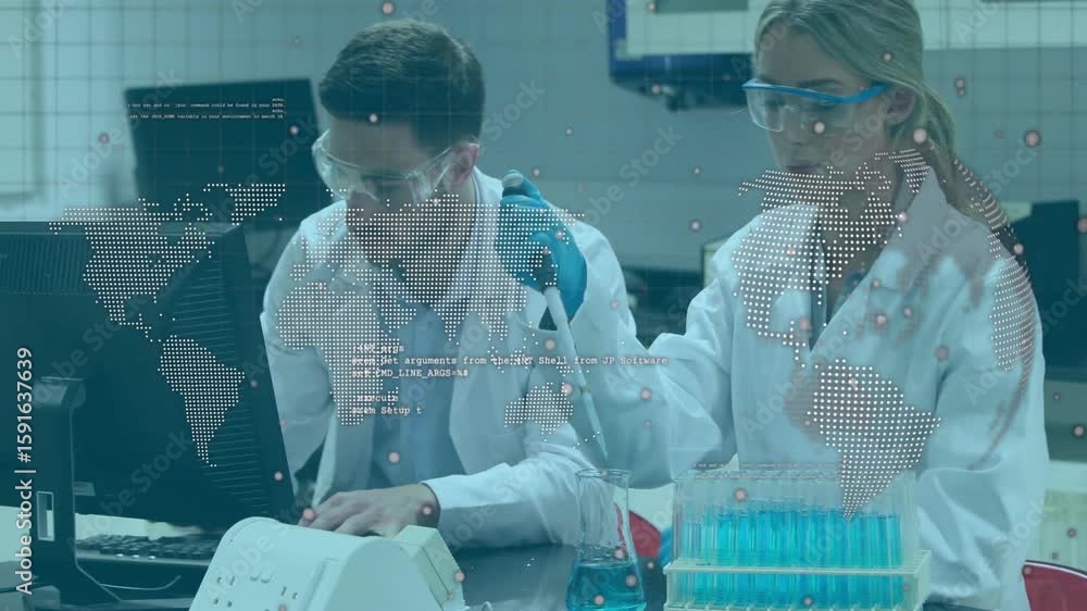 Aufkleber lab colleagues typing data animating volume gauge on pipette and pipetting blue liquid for prep