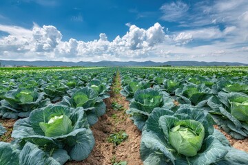 Cabbage field stretching, farm in background. Agriculture concept image