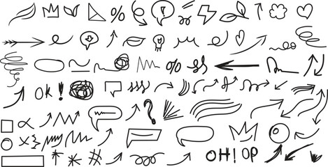 Hand Drawn Marker Line Elements Set, Arrow, Brush Stroke, Underline, Doodle Icon, Sketch Crown, Heart, Star Symbol, Vector Illustration