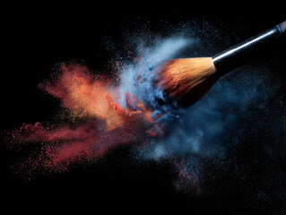 Brush bursts with colorful pigment powder. Makeup meets art. Great for cosmetics marketing, beauty editorials, & web design.