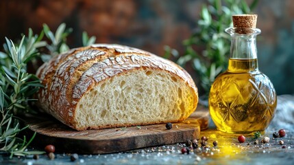 Freshly baked artisan bread slice with olive oil