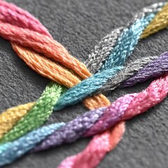 Close-up of interwoven, multicolored embroidery threads on a dark gray background, showcasing texture and vibrant color variations