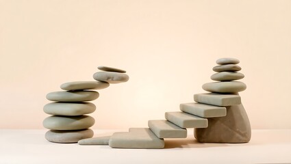 Fototapeta premium A zen arrangement of balanced stones and stone steps against a neutral colored background studio shot