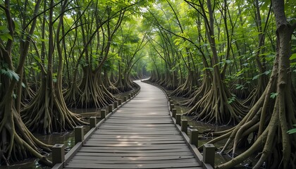 Fototapeta premium Walking Along Wooden Path Through Lush Green Mangrove Forest Landscape
