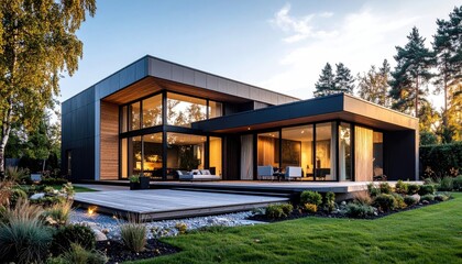 Fototapeta premium Modern house exterior at sunset (1)