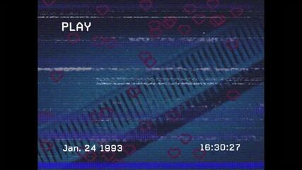 PLAY indicator popping up, timecode updating, noise rising, hearts drifting on glitching teal wave - Powered by Adobe