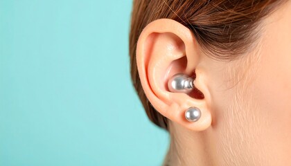 Naklejka premium Close-up of a woman's ear with pearl earrings