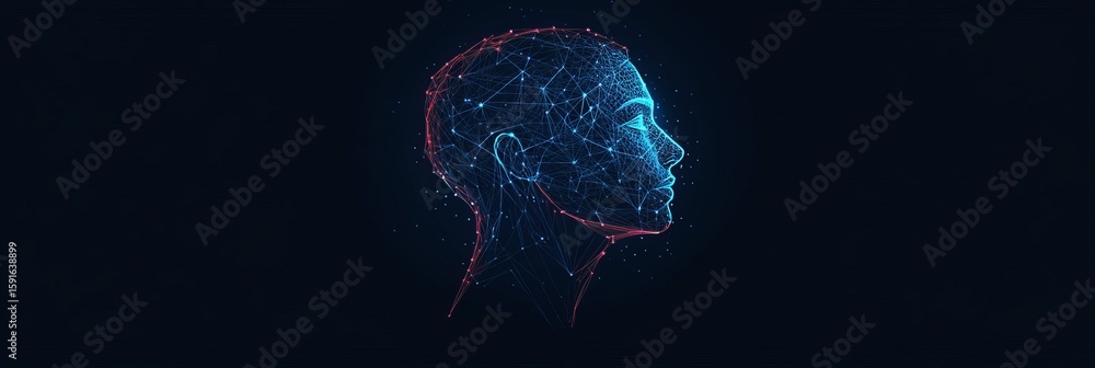 Poster futuristic human face visualization with data circuitry and cyber technology in blue neural network