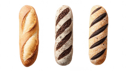 Three artisanal baguettes, showcasing different designs