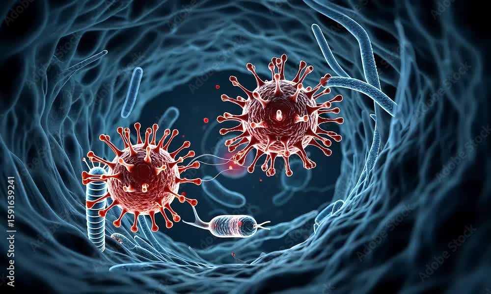 Poster red and blue microscopic view of virus cells with biological structures