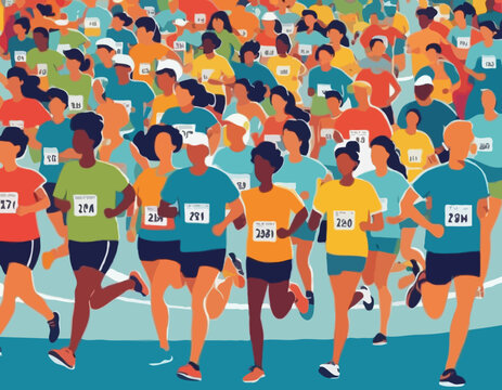 Colorful Marathon Race with Diverse Runners on Curvy Road