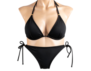 Minimalist Black Bikini with Gold Accents on Invisible Mannequin – Transparent PNG