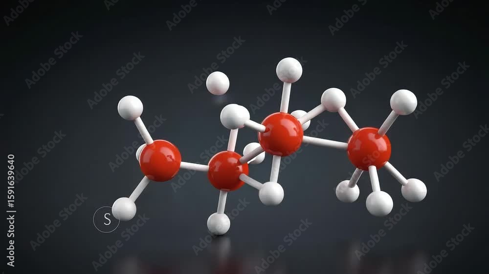 Poster rotating molecular structure model with red and white spheres against a dark gradient background