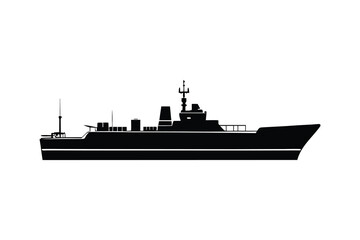 Obraz premium Detailed Black and White Illustration of a Naval Warship with Antenna and Other Structures on a White Background Side View silhouette This image