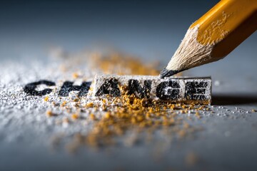 A pencil erases the word "CHANGE," symbolic of alteration