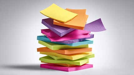 A vibrant stack of colorful sticky notes, some slightly askew, sits on a neutral gray background, casting a subtle shadow.  A few notes are lifted and angled, suggesting movement or recent use