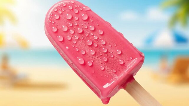 A pink popsicle covered in water droplets is held in front of a beach scene with blue sky sand and palm trees