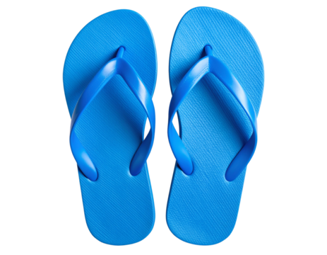 Pair of Classic Blue Flip Flops with Textured Soles, Top-Down Flat Lay, Beachwear Style, isolated on transparent background