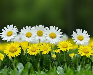 Vibrant Meadow Filled with Colorful Daisies and Dandelions Under a Bright Sunlit Sky in Springtime